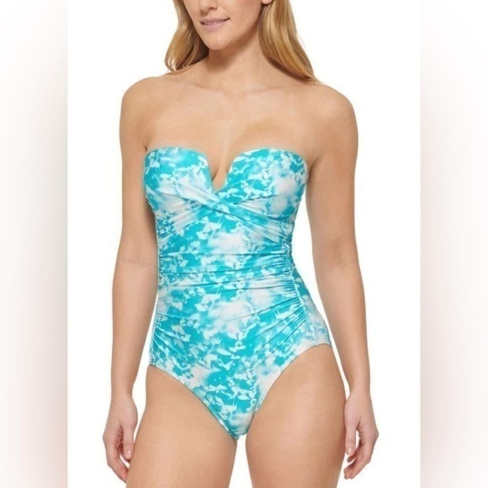 NWT Calvin Klein Turquoise and White One-Piece Bandeau Swimsuit - 16